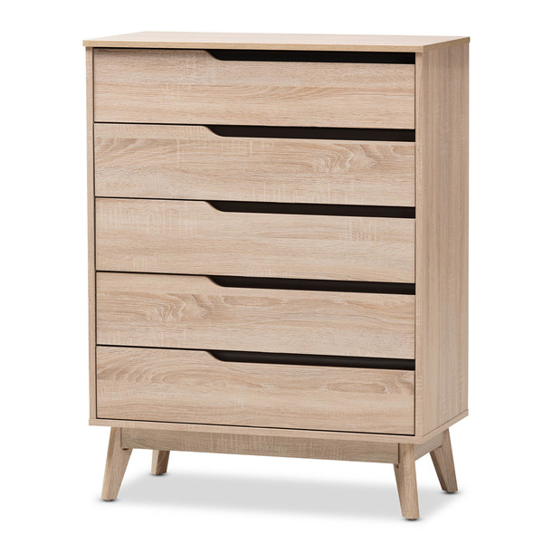 Baxton Studio Fella Mid-Century Modern Two-Tone Oak and Grey Wood 5-Drawer Chest 138-7703